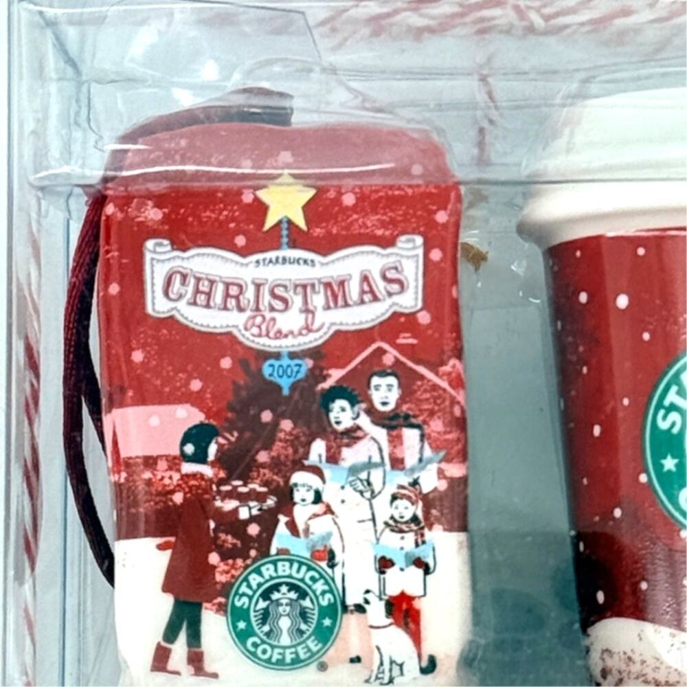 Starbucks 2007 Christmas Blend Coffee Ornament Set Of 2 Red Coffee Cup Boxed - Picture 2 of 4